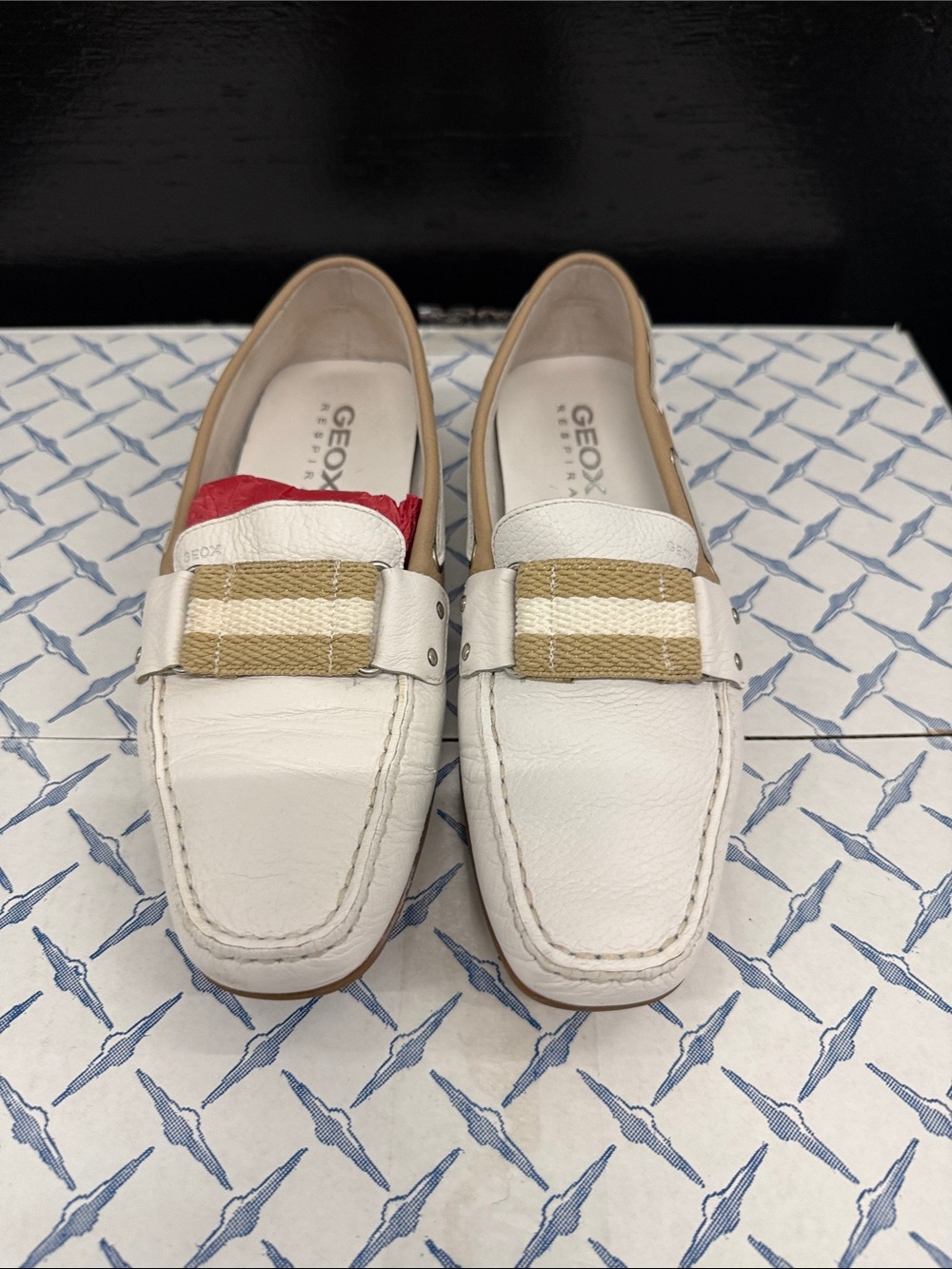 Geox White Leather Slip-On Loafers with Beige Strap and Red Lining